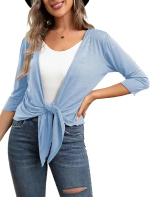 VOIANLIMO Women's Tie Front Casual 3/4 Sleeve Cropped Bolero Lightweight Sheer Shrug Cardigans S-XL