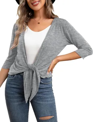 VOIANLIMO Women's Tie Front Casual 3/4 Sleeve Cropped Bolero Lightweight Sheer Shrug Cardigans S-XL