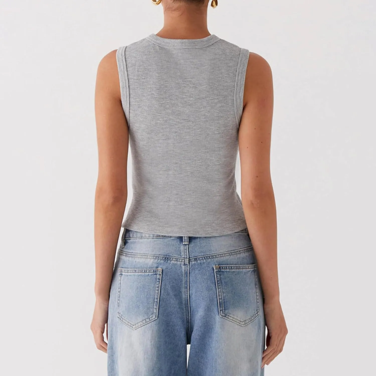 wdehow Women Y2k Ribbed Vest Button Down Solid Color V Neck Sleeveless Slim Fit Crop Going Out Tops