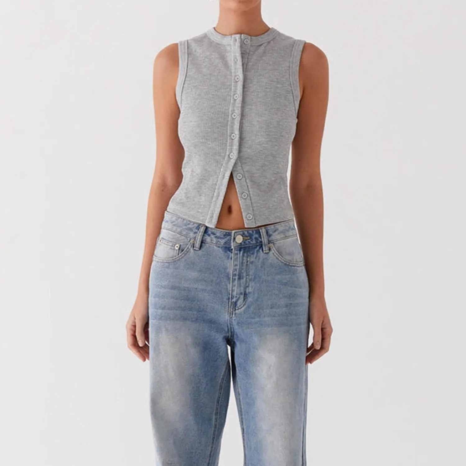 wdehow Women Y2k Ribbed Vest Button Down Solid Color V Neck Sleeveless Slim Fit Crop Going Out Tops