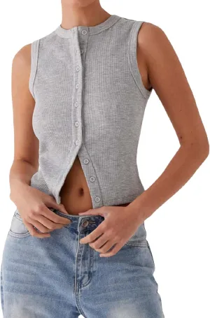 wdehow Women Y2k Ribbed Vest Button Down Solid Color V Neck Sleeveless Slim Fit Crop Going Out Tops