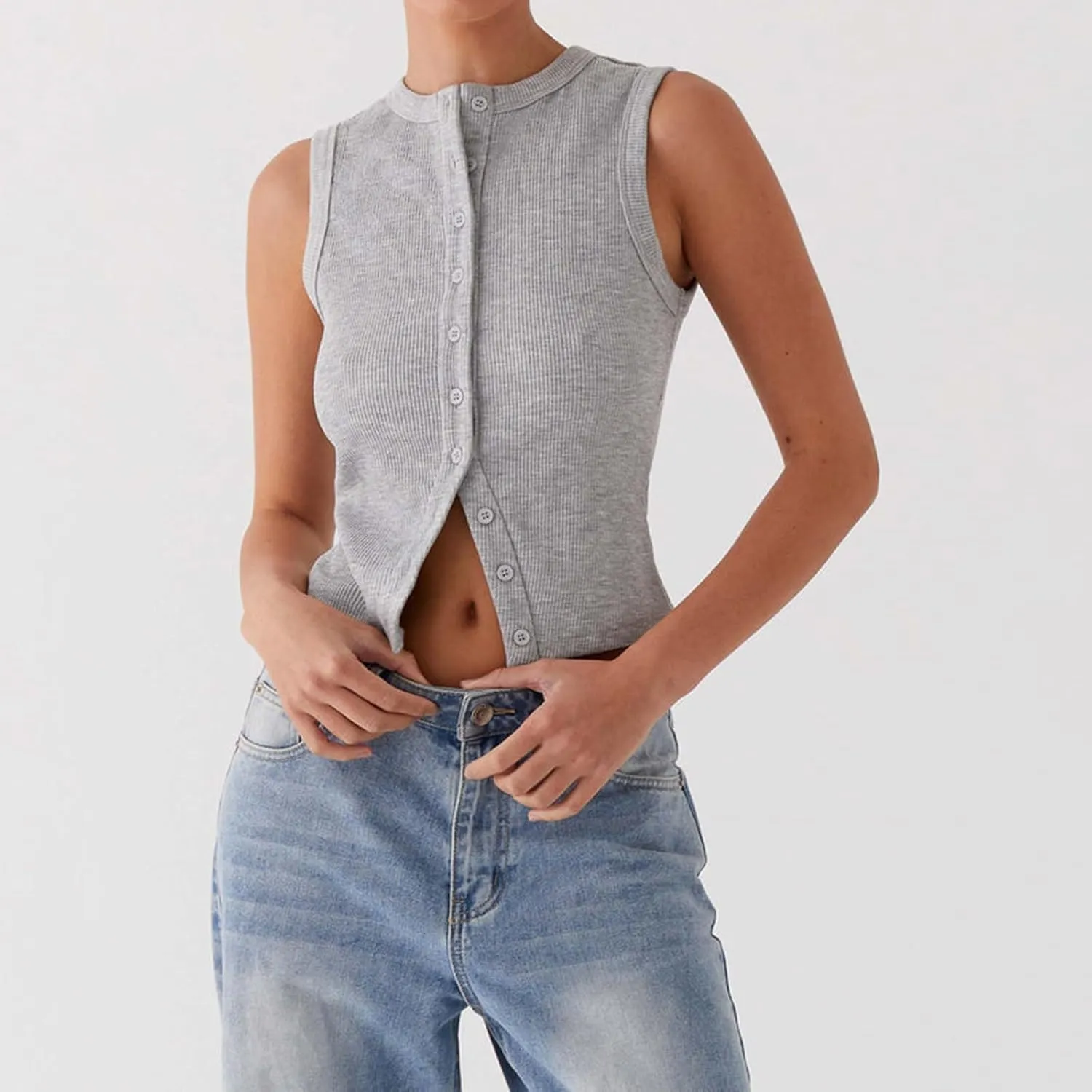 wdehow Women Y2k Ribbed Vest Button Down Solid Color V Neck Sleeveless Slim Fit Crop Going Out Tops