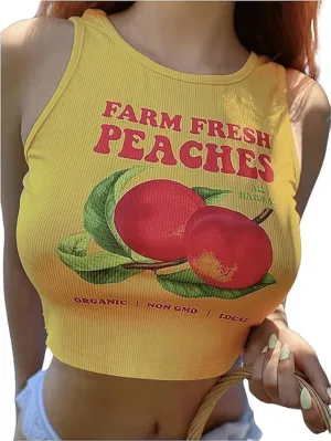 WDIRARA Women's Printed Crop Tank Tops Graphic Cami Top Summer Ribbed Slim Fit Tee