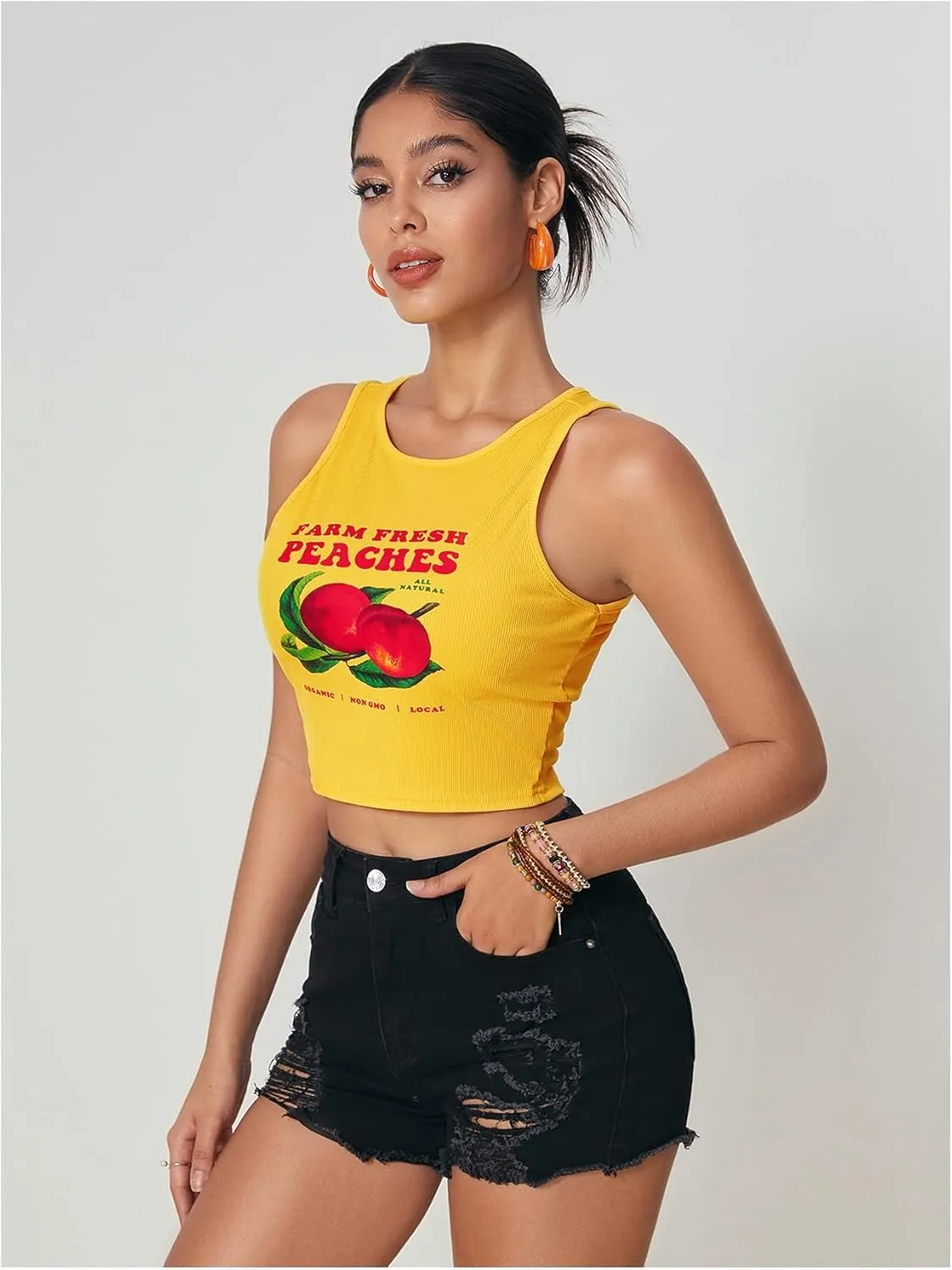 WDIRARA Women's Printed Crop Tank Tops Graphic Cami Top Summer Ribbed Slim Fit Tee