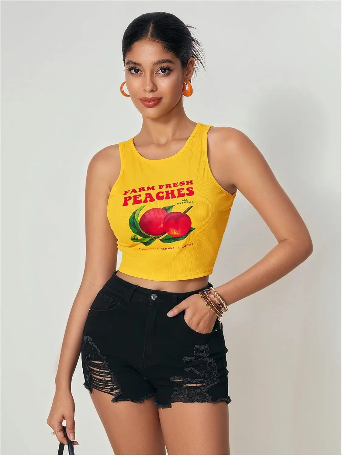 WDIRARA Women's Printed Crop Tank Tops Graphic Cami Top Summer Ribbed Slim Fit Tee