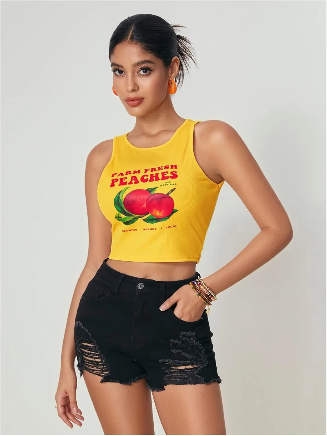 WDIRARA Women's Printed Crop Tank Tops Graphic Cami Top Summer Ribbed Slim Fit Tee