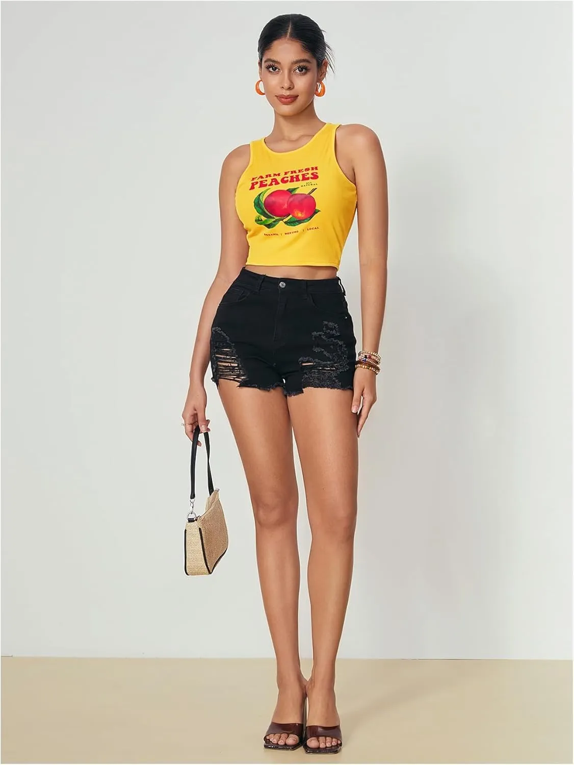 WDIRARA Women's Printed Crop Tank Tops Graphic Cami Top Summer Ribbed Slim Fit Tee