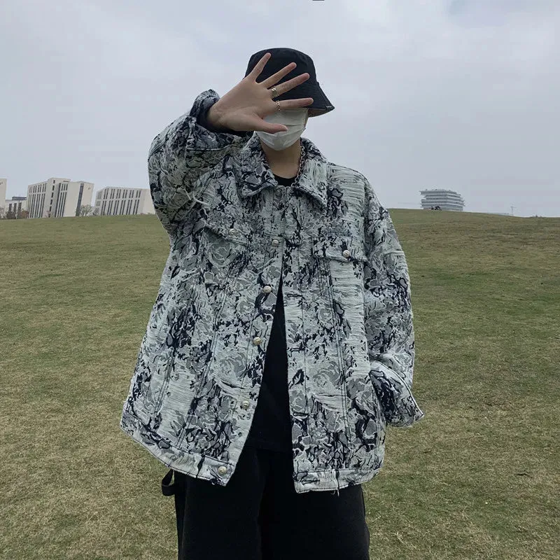 WIAOFELLAS Flower Denim Jackets Men's Loose Spring Autumn Button Couples Turndown Collar Single-breasted Long Sleeves Cowboy Jacket Tops