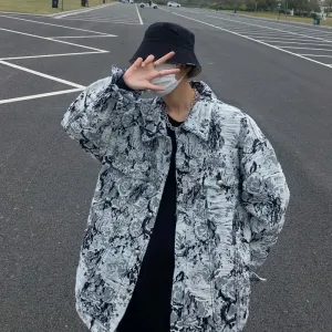 WIAOFELLAS Flower Denim Jackets Men's Loose Spring Autumn Button Couples Turndown Collar Single-breasted Long Sleeves Cowboy Jacket Tops