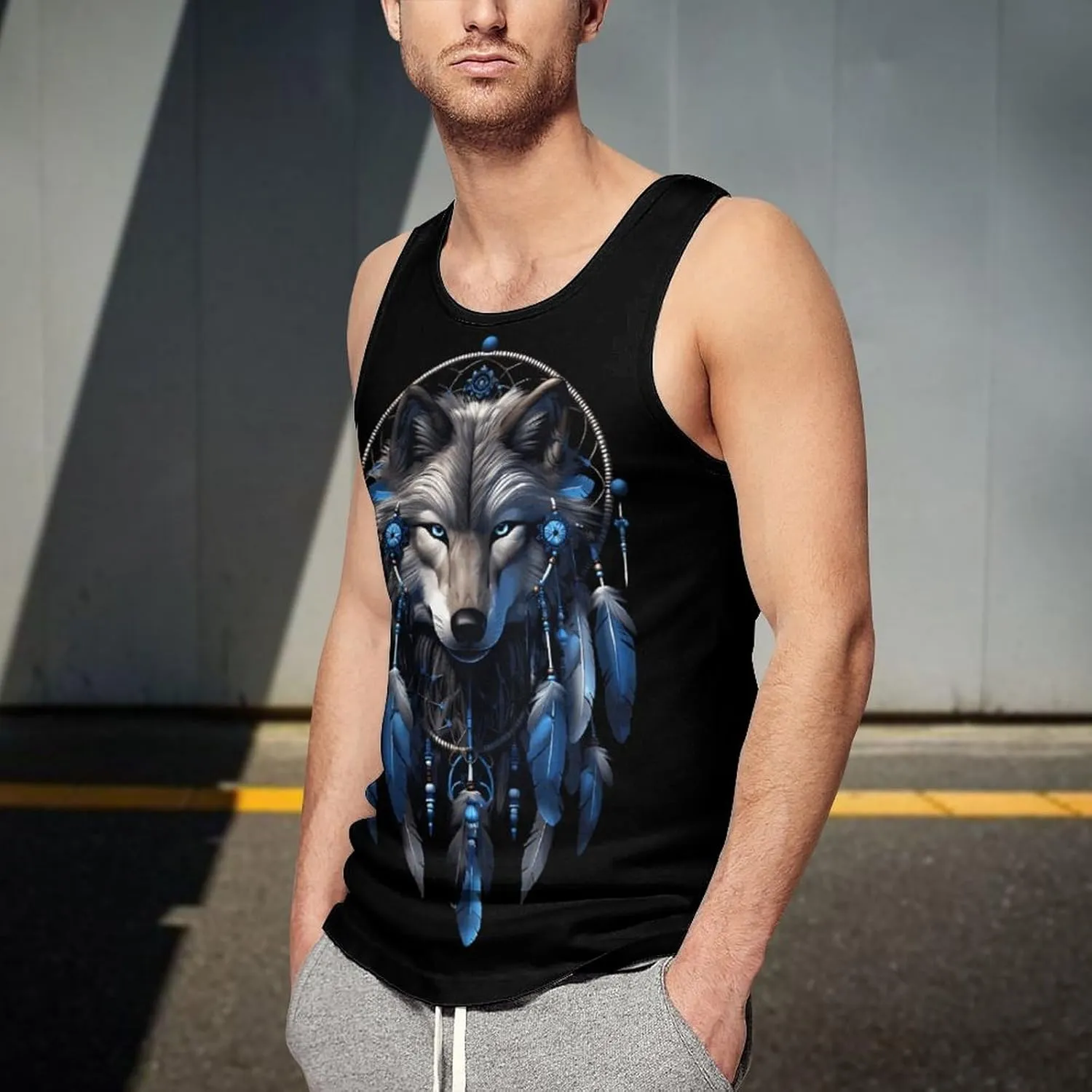 Wolf Dream Catcher Men's Tank Top Sleeveless T-Shirt Pullover Vest Shirts Gym Workout Beach Funny