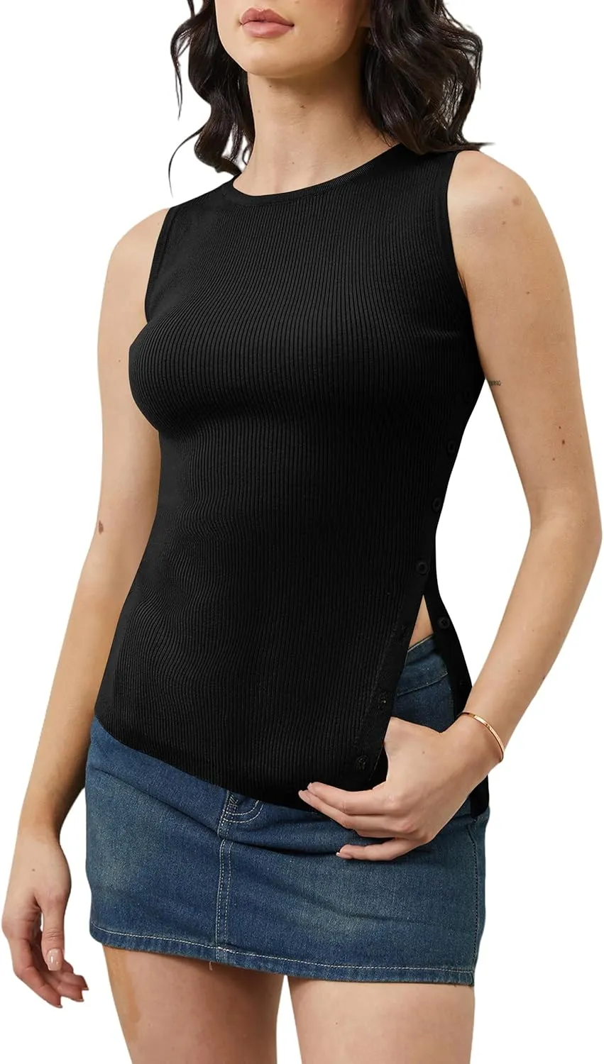 Women Asymmetrical Button Down Side Split Sweater Tank Top Sleeveless Boat Neck Solid Slim Side-Button Rib Knit Vest