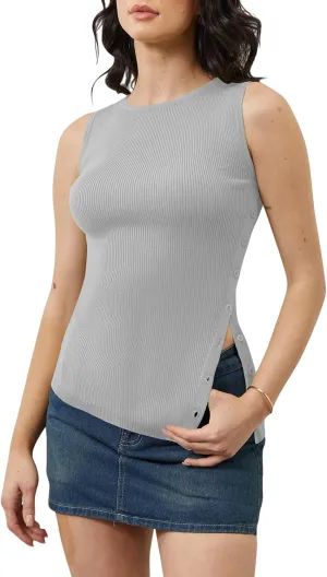 Women Asymmetrical Button Down Side Split Sweater Tank Top Sleeveless Boat Neck Solid Slim Side-Button Rib Knit Vest