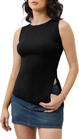 Women Asymmetrical Button Down Side Split Sweater Tank Top Sleeveless Boat Neck Solid Slim Side-Button Rib Knit Vest