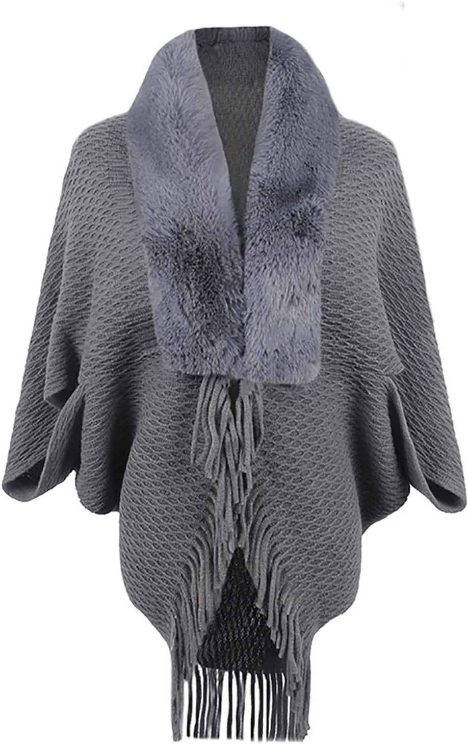 Women Batwing Sleeve Faux Fur Collar Cardigan Sweater Knitted Shawl Wrap Fringe Hem Cape Cloak Open Front Outerwear
