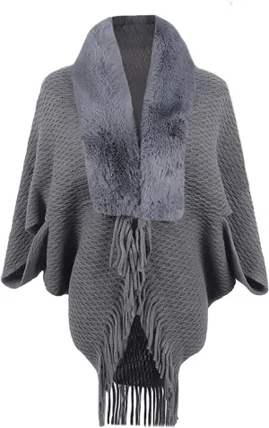 Women Batwing Sleeve Faux Fur Collar Cardigan Sweater Knitted Shawl Wrap Fringe Hem Cape Cloak Open Front Outerwear