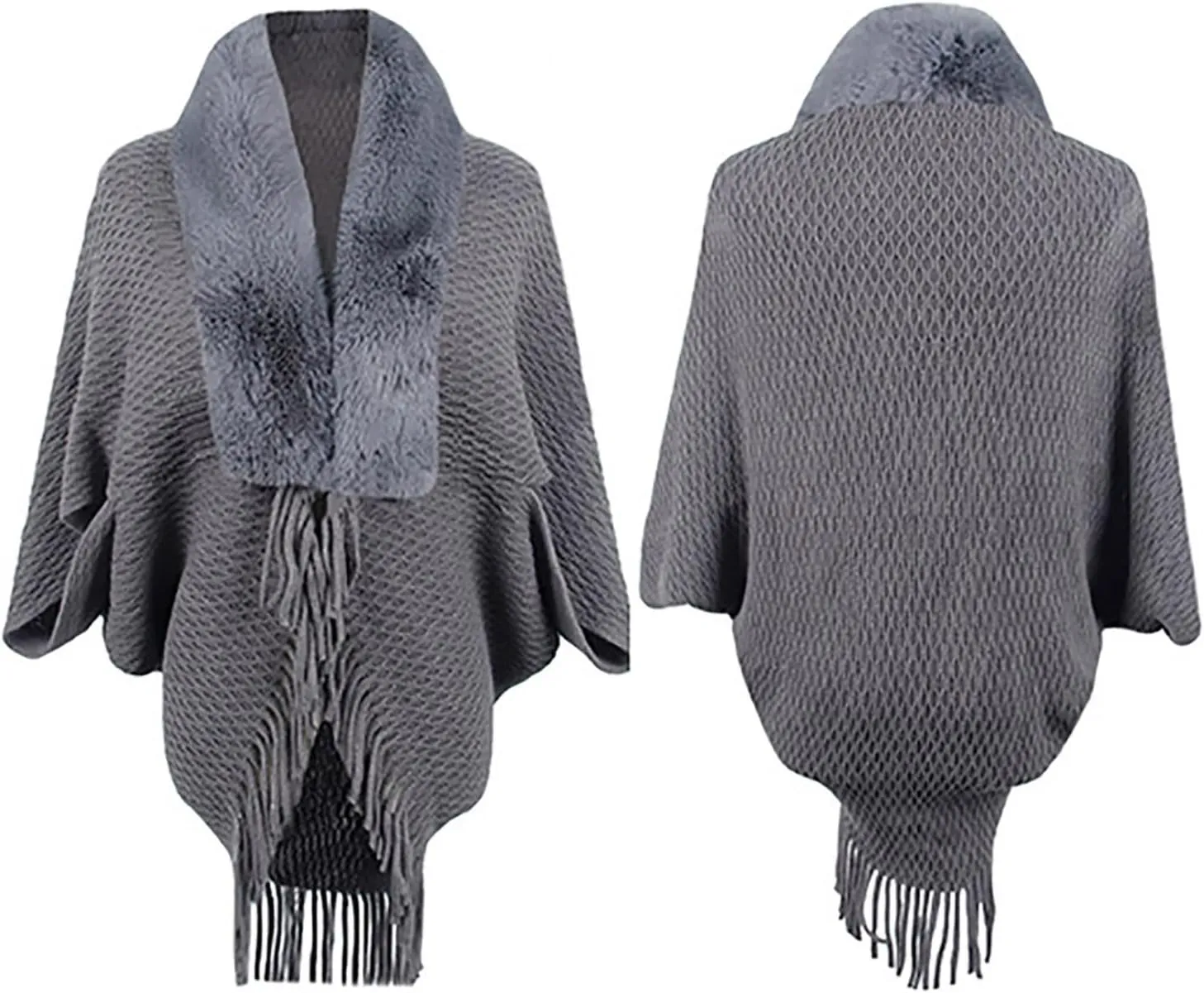 Women Batwing Sleeve Faux Fur Collar Cardigan Sweater Knitted Shawl Wrap Fringe Hem Cape Cloak Open Front Outerwear