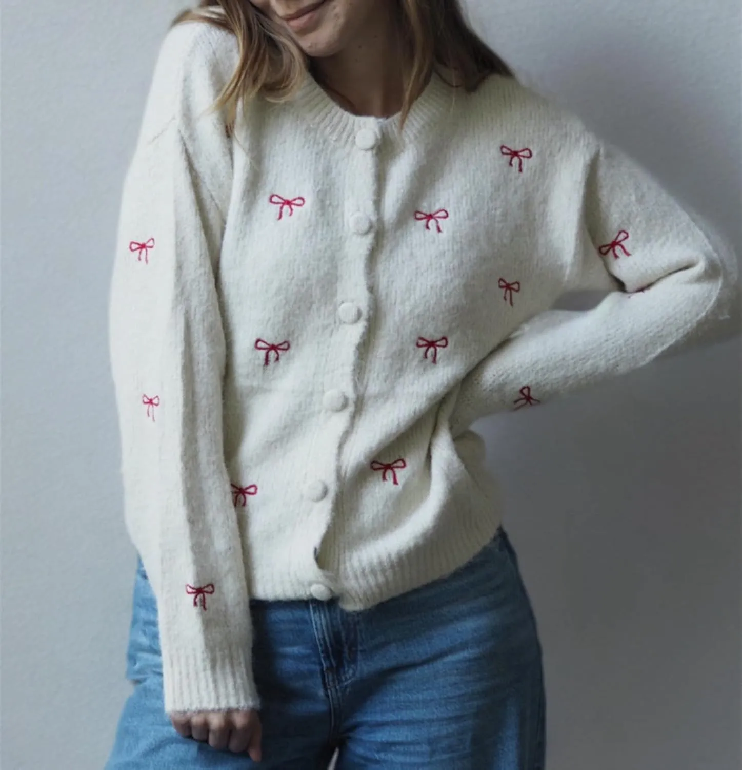 Women Button Down Cardigan Sweaters Cute Bow Bear Knitted Pattern Casual Fall Winter Cardigan Coats