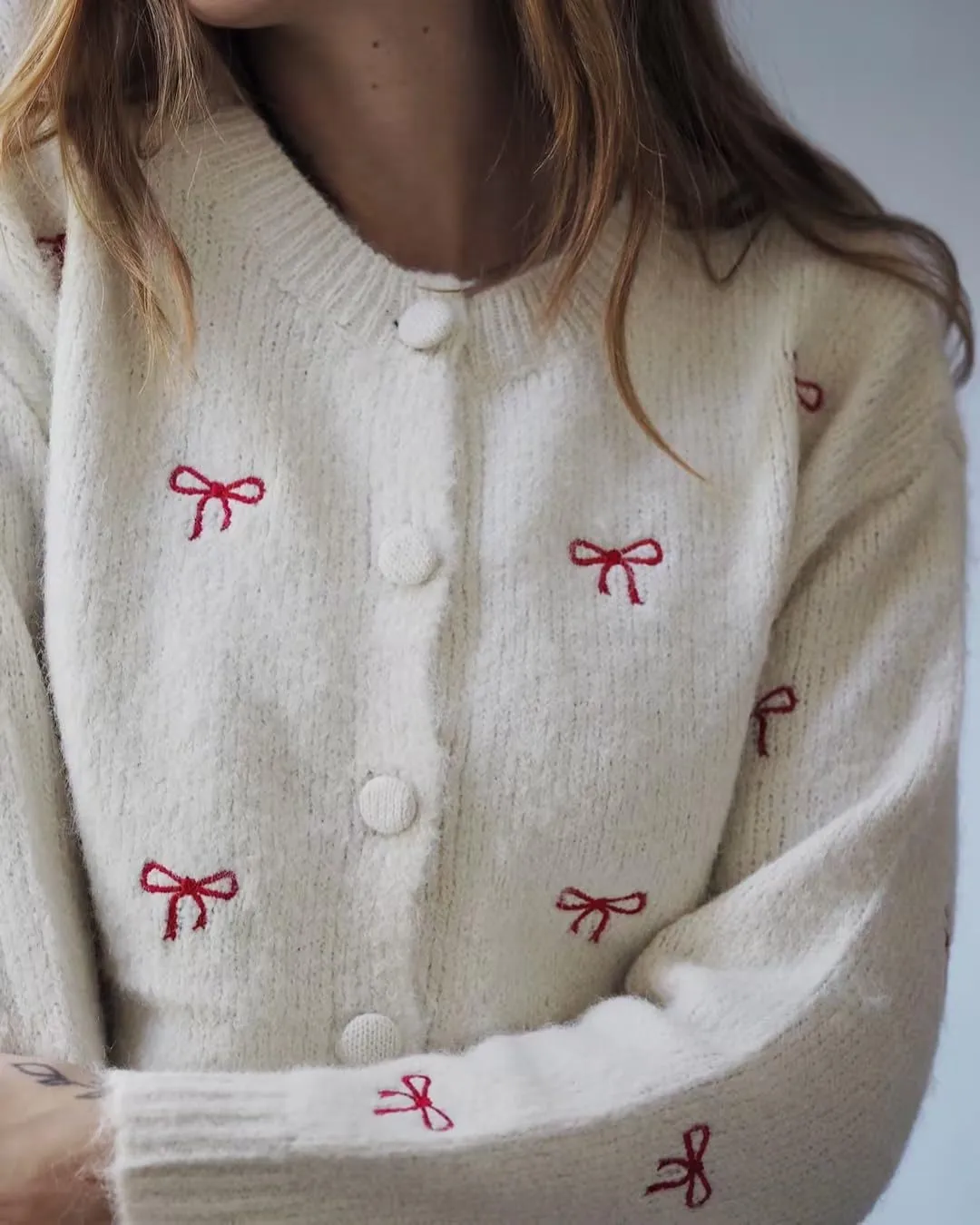 Women Button Down Cardigan Sweaters Cute Bow Bear Knitted Pattern Casual Fall Winter Cardigan Coats