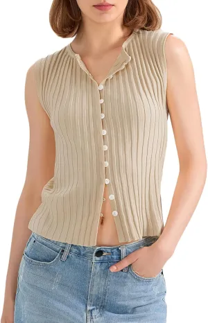 Women Button Up Vest Tank Top Ribbed Knit Sleeveless Slim Fit Shirt Summer Y2k Dressy Going Out Tops