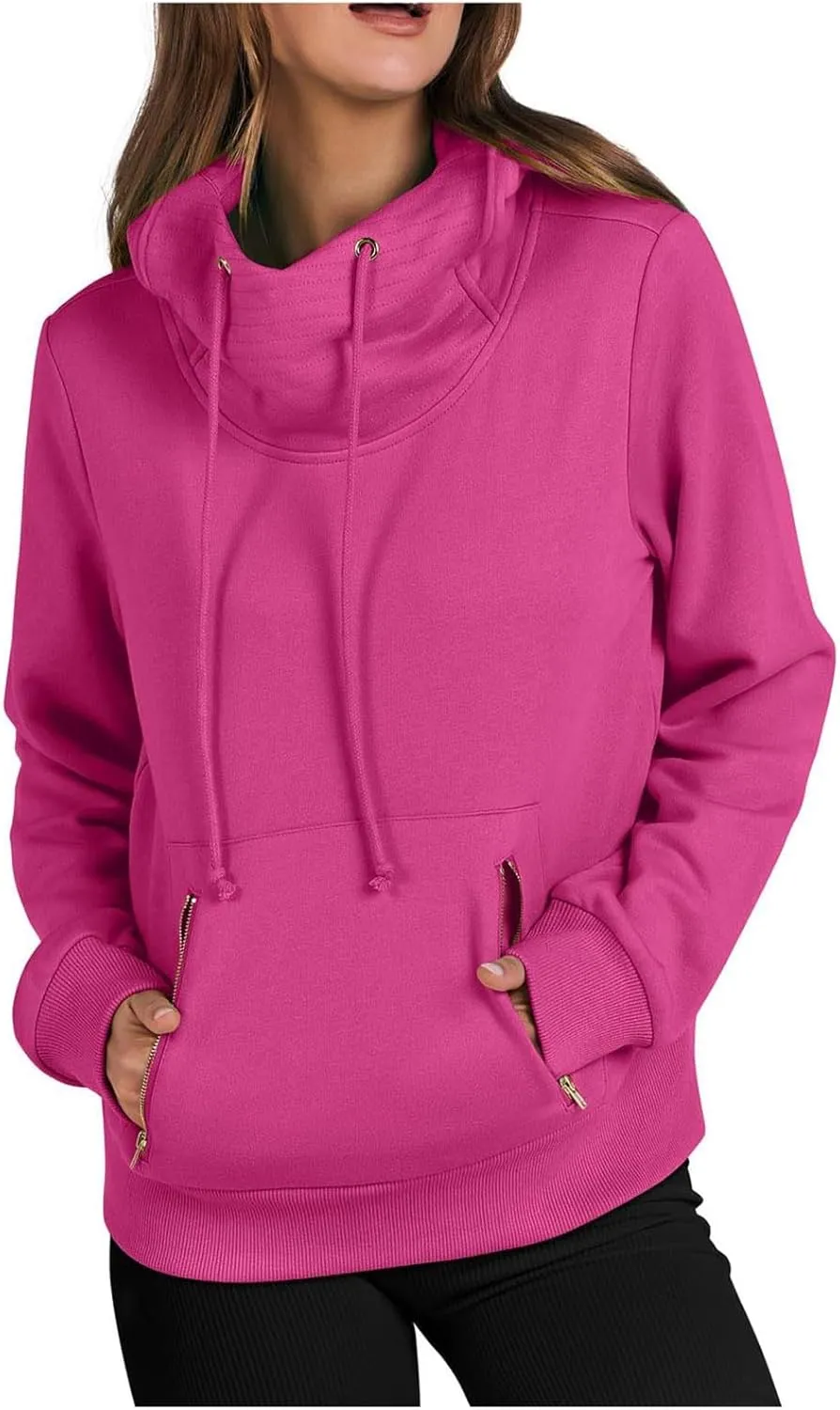 Women Cowl Neck Hoodies Fall Fleece Drawstring Sweatshirts Casual Long Sleeve Hooded Pullover Zipper Kangaroo Pocket