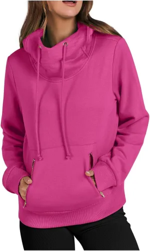 Women Cowl Neck Hoodies Fall Fleece Drawstring Sweatshirts Casual Long Sleeve Hooded Pullover Zipper Kangaroo Pocket