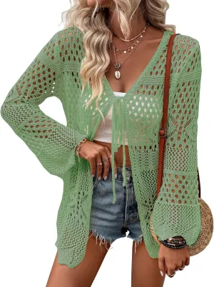 Women Crochet Cardigan Lightweight Tie Front Hollow Out Long Sleeves Summer Knit Cover Cardigans