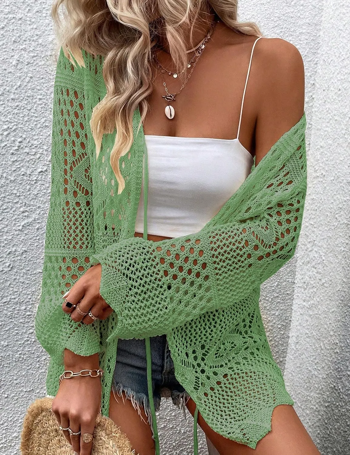 Women Crochet Cardigan Lightweight Tie Front Hollow Out Long Sleeves Summer Knit Cover Cardigans