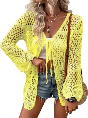 Women Crochet Cardigan Lightweight Tie Front Hollow Out Long Sleeves Summer Knit Cover Cardigans
