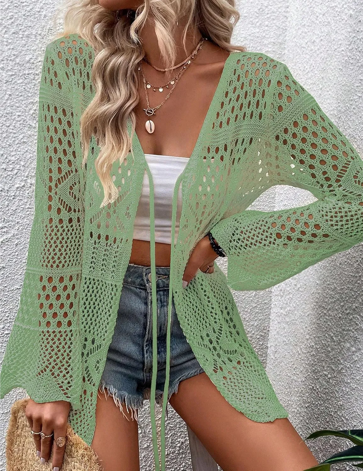 Women Crochet Cardigan Lightweight Tie Front Hollow Out Long Sleeves Summer Knit Cover Cardigans