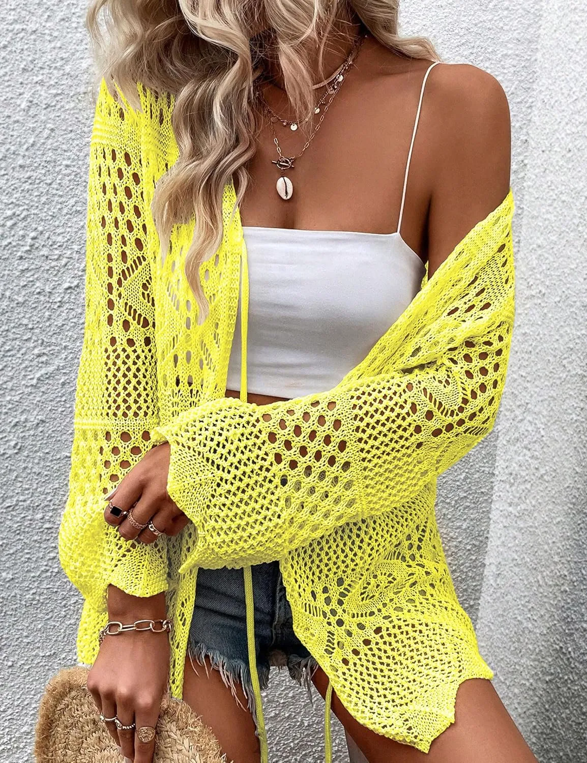 Women Crochet Cardigan Lightweight Tie Front Hollow Out Long Sleeves Summer Knit Cover Cardigans