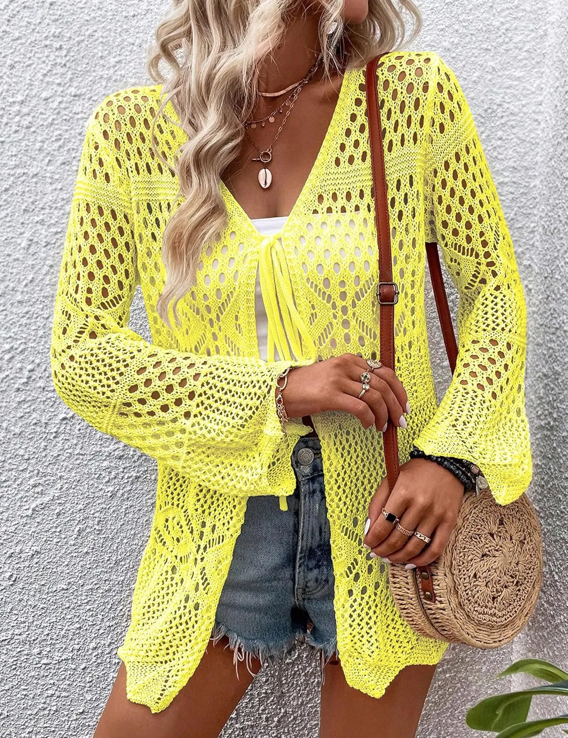 Women Crochet Cardigan Lightweight Tie Front Hollow Out Long Sleeves Summer Knit Cover Cardigans