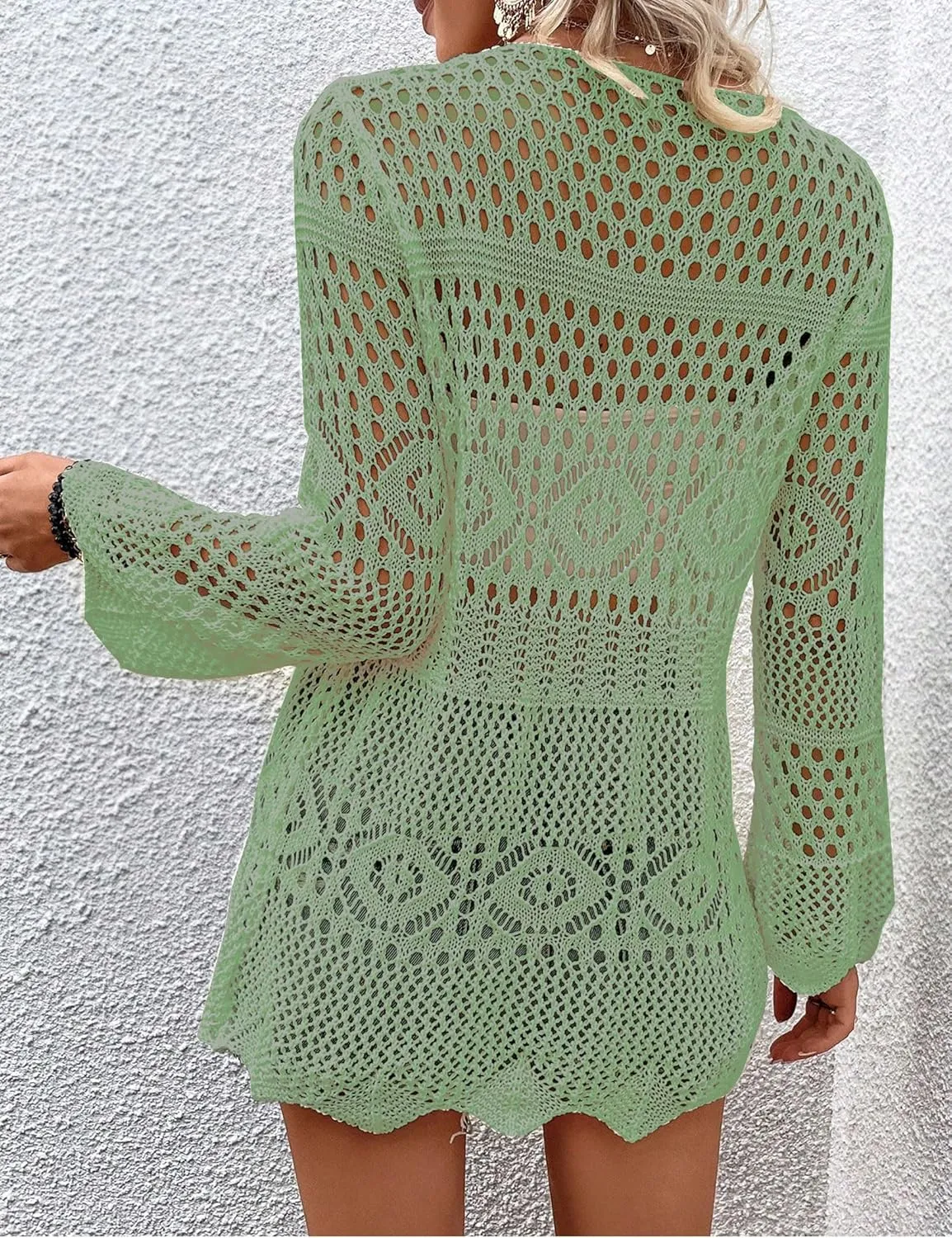 Women Crochet Cardigan Lightweight Tie Front Hollow Out Long Sleeves Summer Knit Cover Cardigans