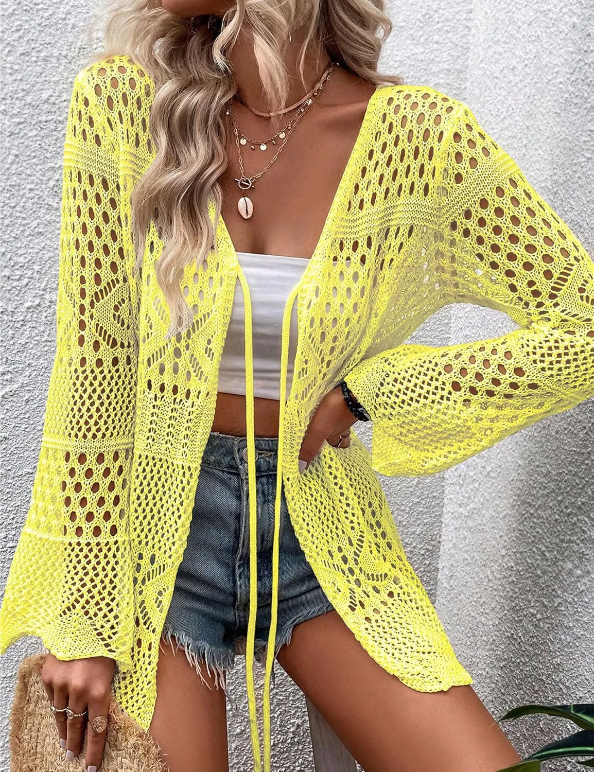 Women Crochet Cardigan Lightweight Tie Front Hollow Out Long Sleeves Summer Knit Cover Cardigans