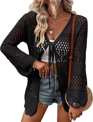 Women Crochet Cardigan Lightweight Tie Front Hollow Out Long Sleeves Summer Knit Cover Cardigans