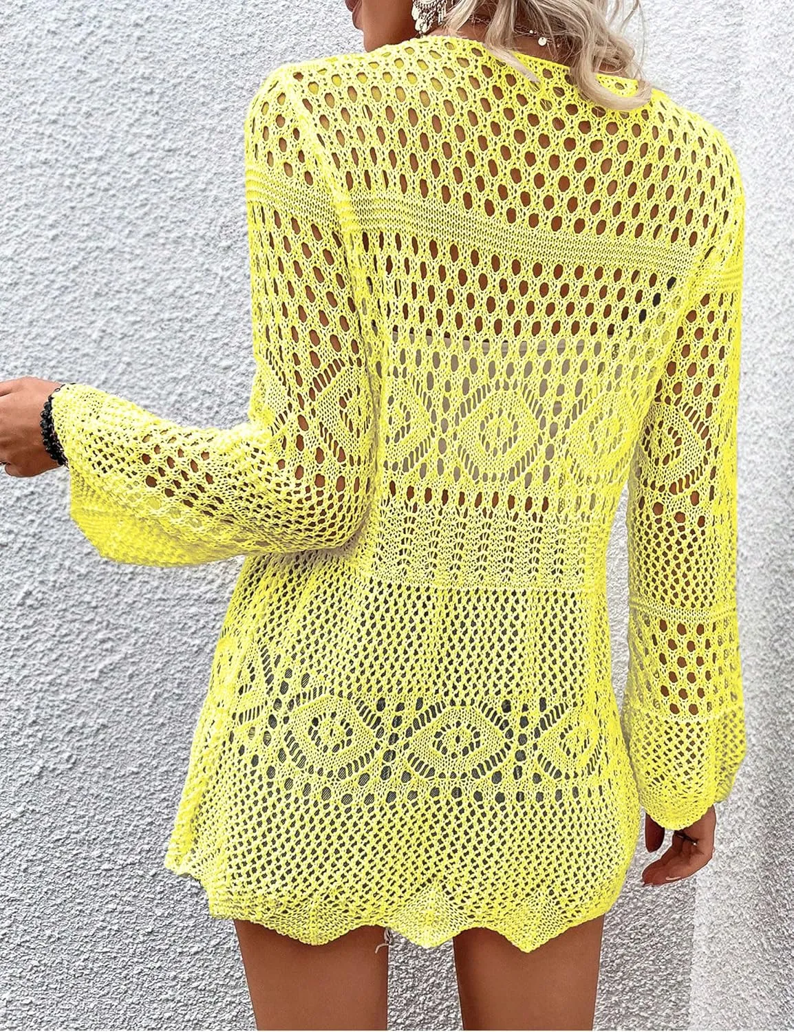 Women Crochet Cardigan Lightweight Tie Front Hollow Out Long Sleeves Summer Knit Cover Cardigans