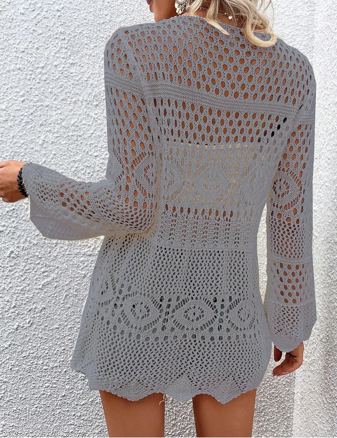 Women Crochet Cardigan Lightweight Tie Front Hollow Out Long Sleeves Summer Knit Cover Cardigans