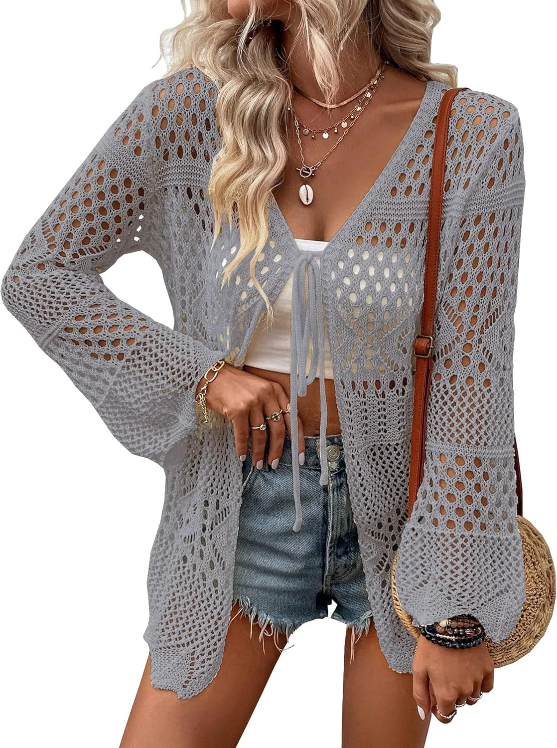 Women Crochet Cardigan Lightweight Tie Front Hollow Out Long Sleeves Summer Knit Cover Cardigans