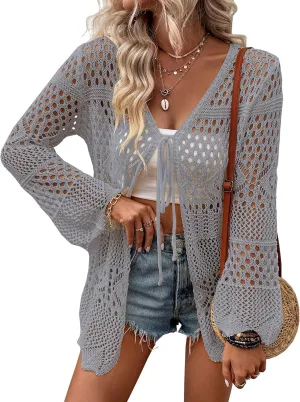 Women Crochet Cardigan Lightweight Tie Front Hollow Out Long Sleeves Summer Knit Cover Cardigans