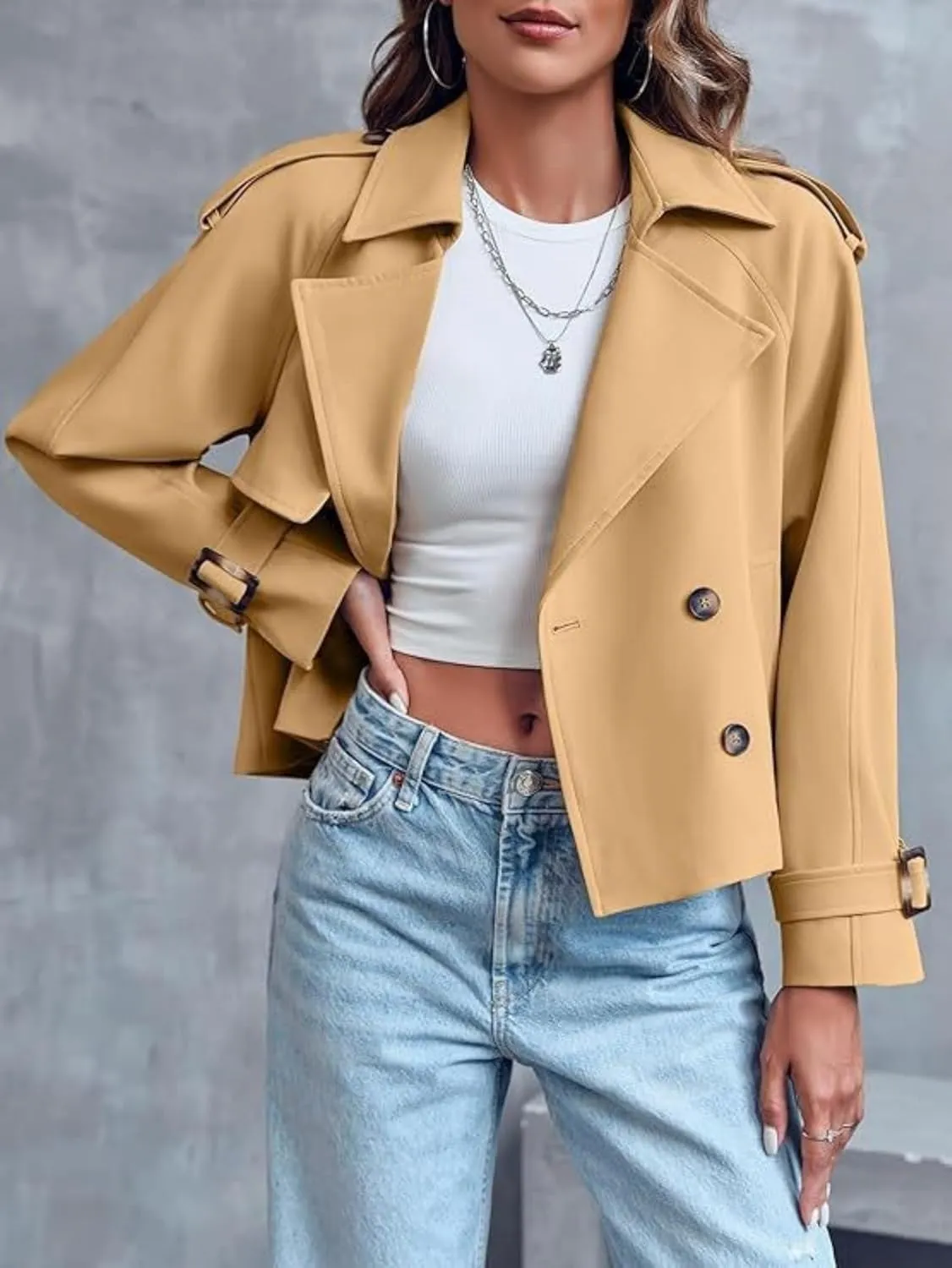 Women Crop Double Breasted Trench Coat With Pockets Notched Lapel Cropped Jacket Casual Outwear Fall Spring Work Office