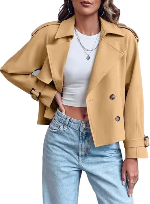 Women Crop Double Breasted Trench Coat With Pockets Notched Lapel Cropped Jacket Casual Outwear Fall Spring Work Office