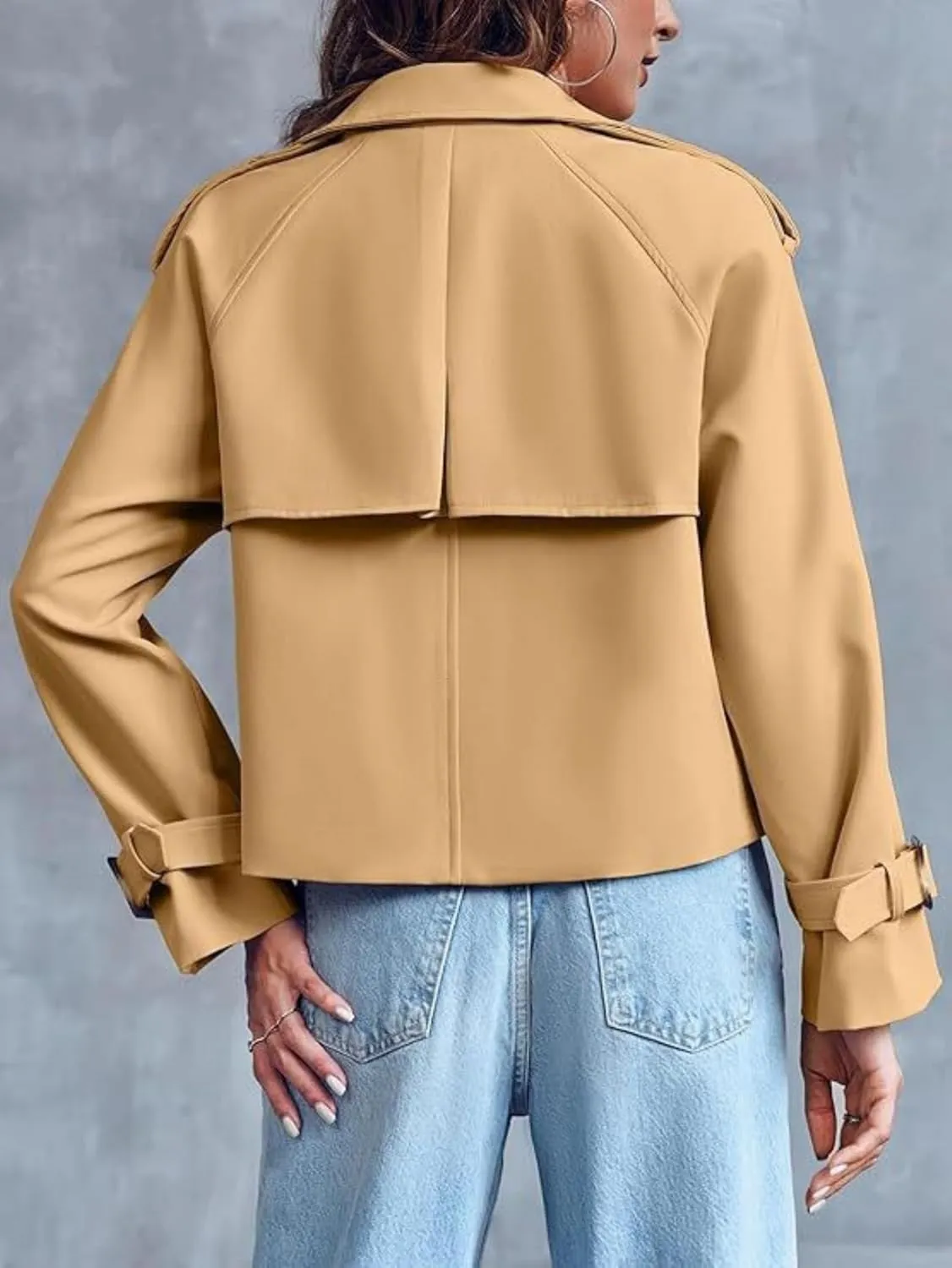 Women Crop Double Breasted Trench Coat With Pockets Notched Lapel Cropped Jacket Casual Outwear Fall Spring Work Office