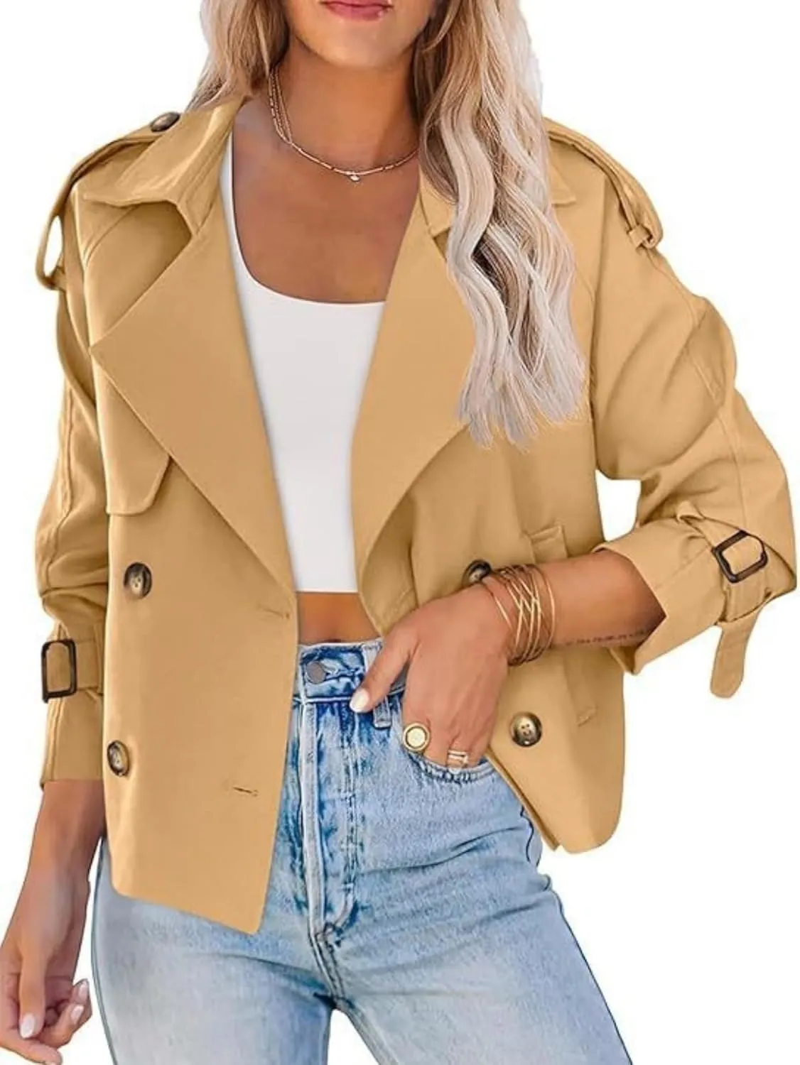 Women Crop Double Breasted Trench Coat With Pockets Notched Lapel Cropped Jacket Casual Outwear Fall Spring Work Office