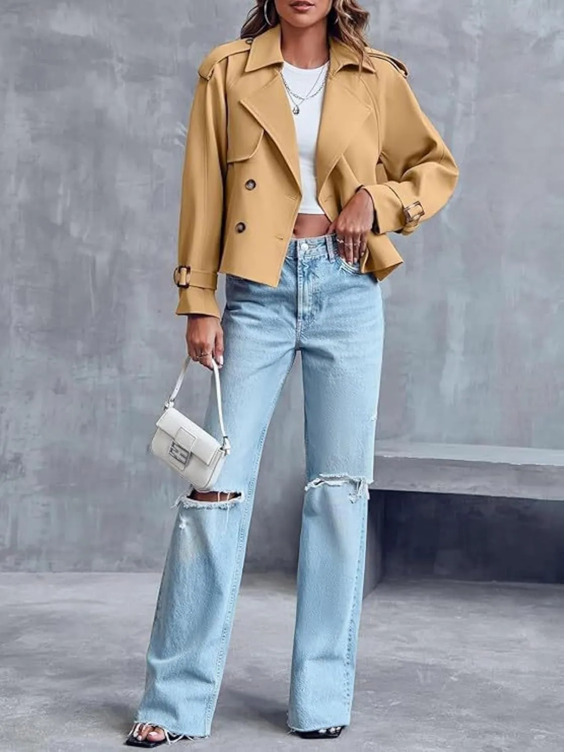 Women Crop Double Breasted Trench Coat With Pockets Notched Lapel Cropped Jacket Casual Outwear Fall Spring Work Office
