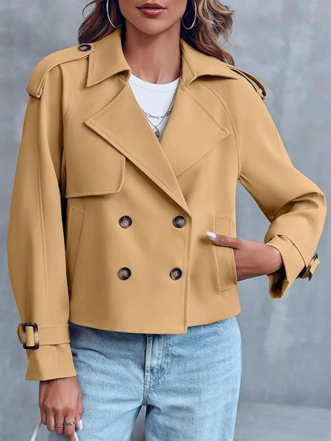 Women Crop Double Breasted Trench Coat With Pockets Notched Lapel Cropped Jacket Casual Outwear Fall Spring Work Office