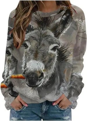 Women Cute Donkey Print Sweatshirt Oversized Crew Neck Long Sleeve Pullover Fall Winter Trendy Casual Fleece Tops