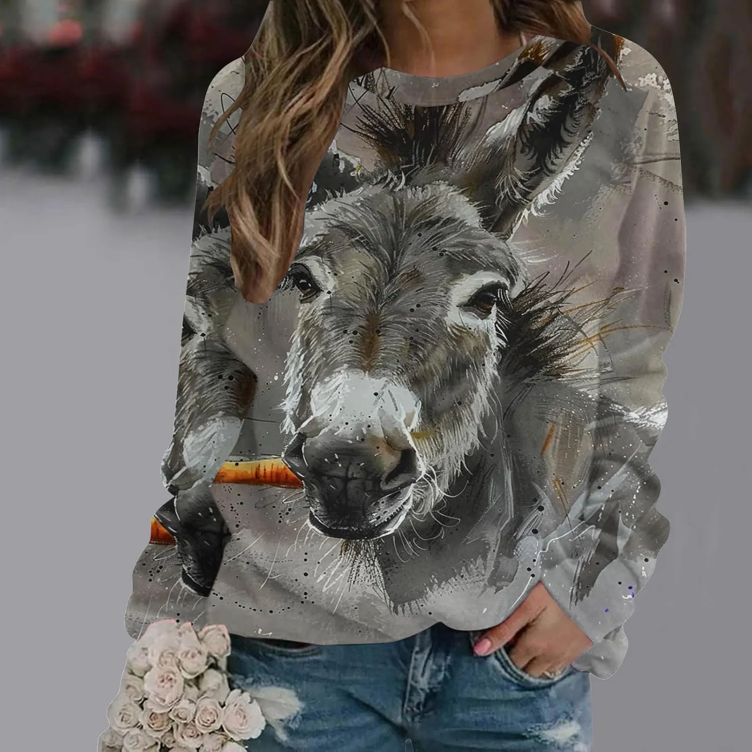 Women Cute Donkey Print Sweatshirt Oversized Crew Neck Long Sleeve Pullover Fall Winter Trendy Casual Fleece Tops