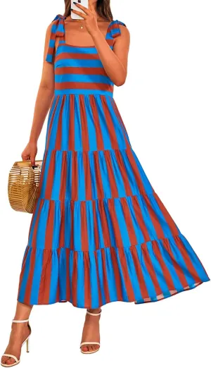 Women Dresses 2025 Summer Floral Sleeveless Maxi Dress Casual Spaghetti Strap Tiered Flowy Beach Long Dress