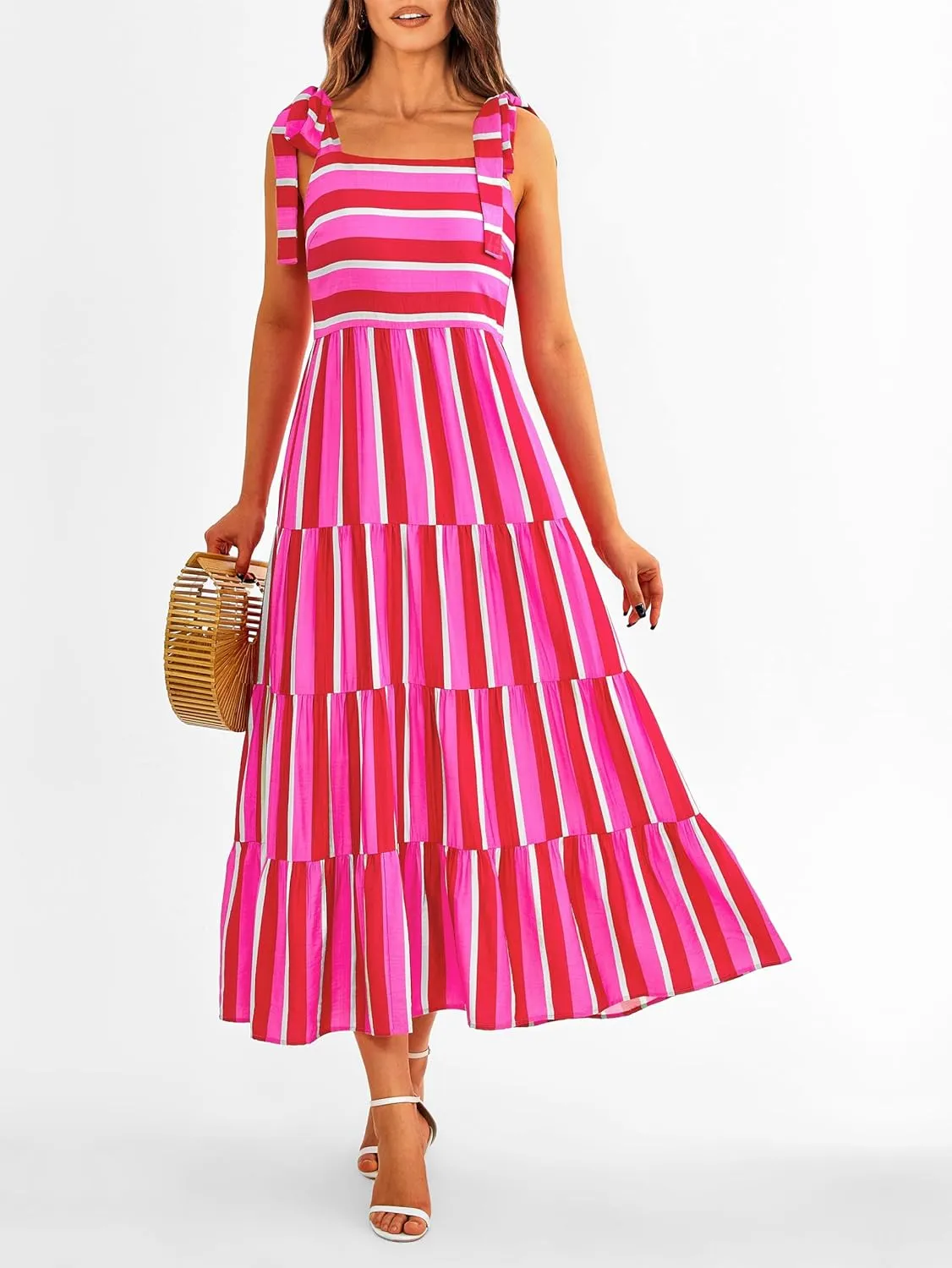 Women Dresses 2025 Summer Floral Sleeveless Maxi Dress Casual Spaghetti Strap Tiered Flowy Beach Long Dress