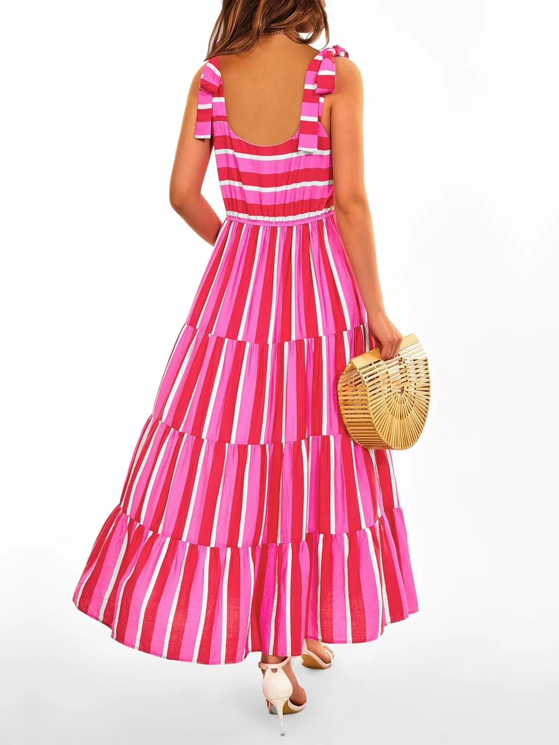 Women Dresses 2025 Summer Floral Sleeveless Maxi Dress Casual Spaghetti Strap Tiered Flowy Beach Long Dress