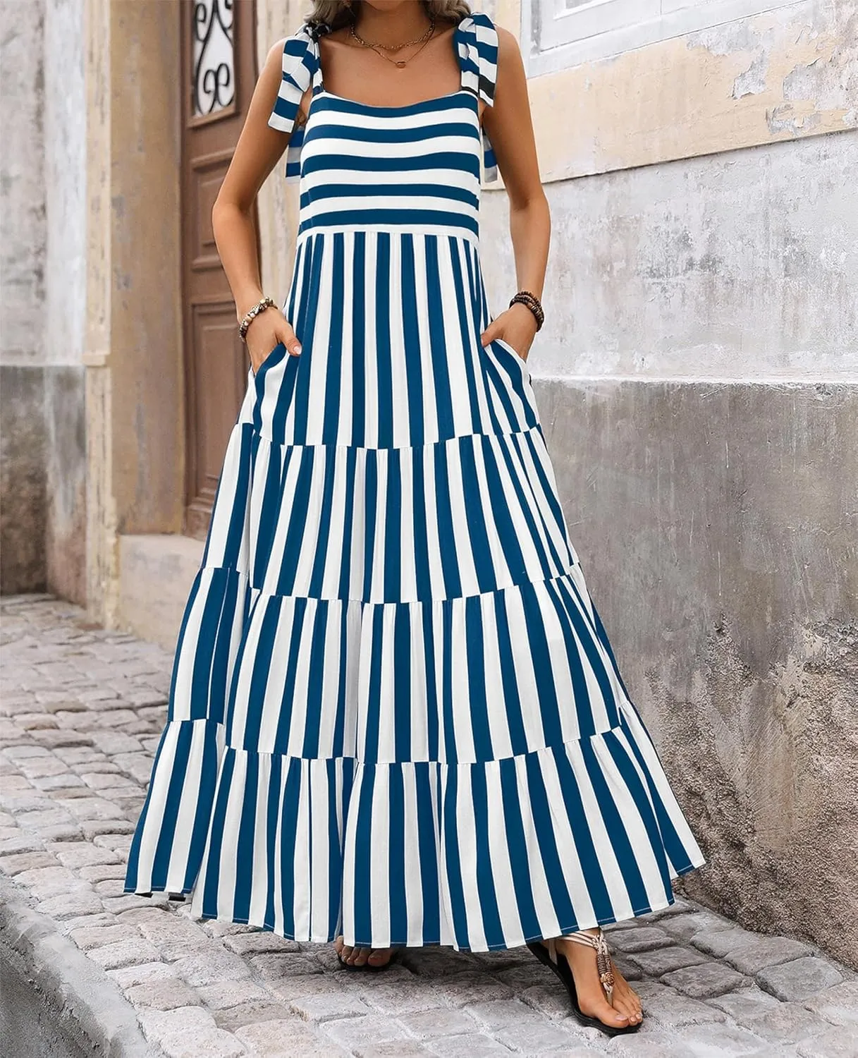 Women Dresses 2025 Summer Floral Sleeveless Maxi Dress Casual Spaghetti Strap Tiered Flowy Beach Long Dress